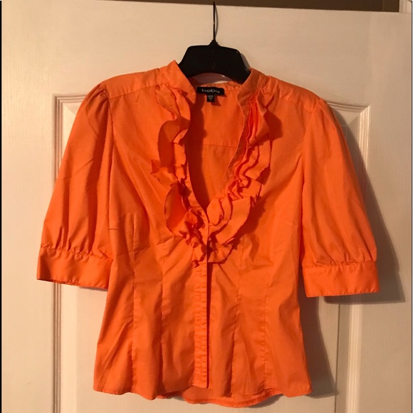 Bebe orange ruffle button up shirt in size M. - Picture 1 of 4